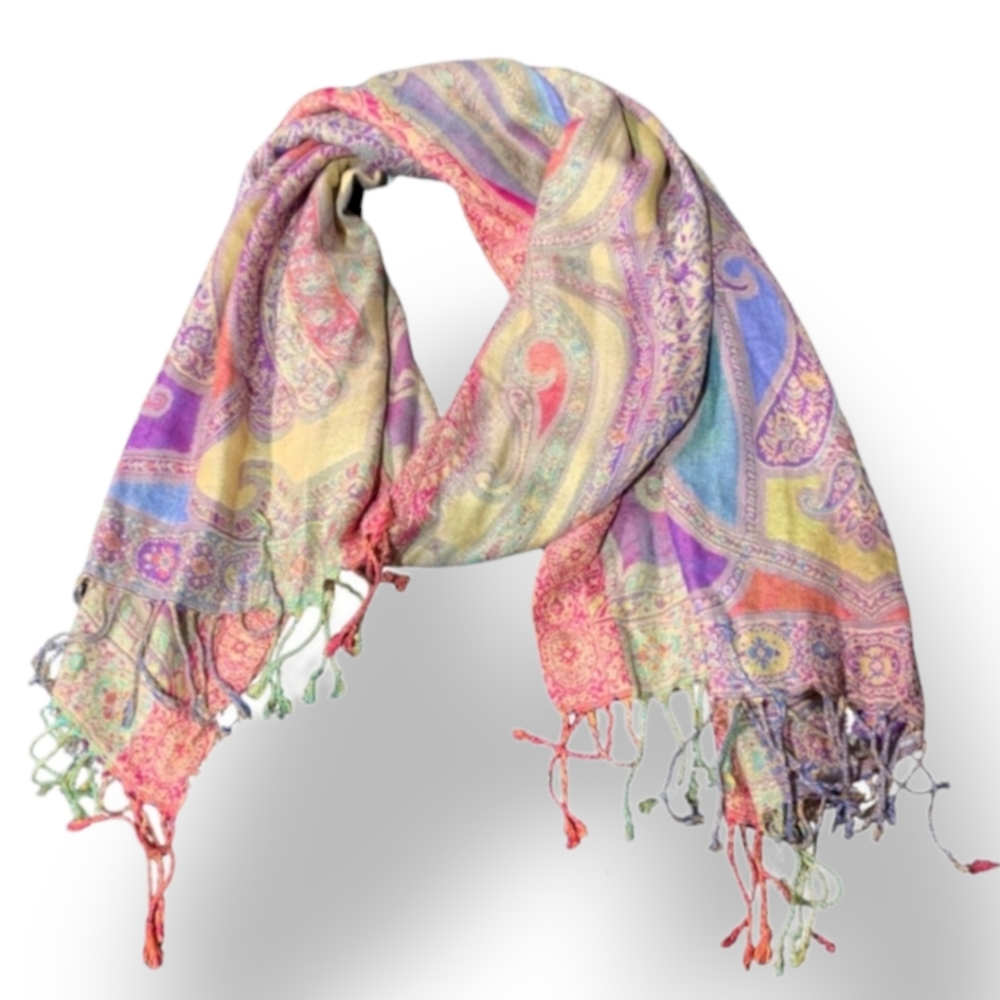 Color Burst Boho Style Wrap/Scarf with Fringe/Tassles on Both Ends - Picture 3 of 5